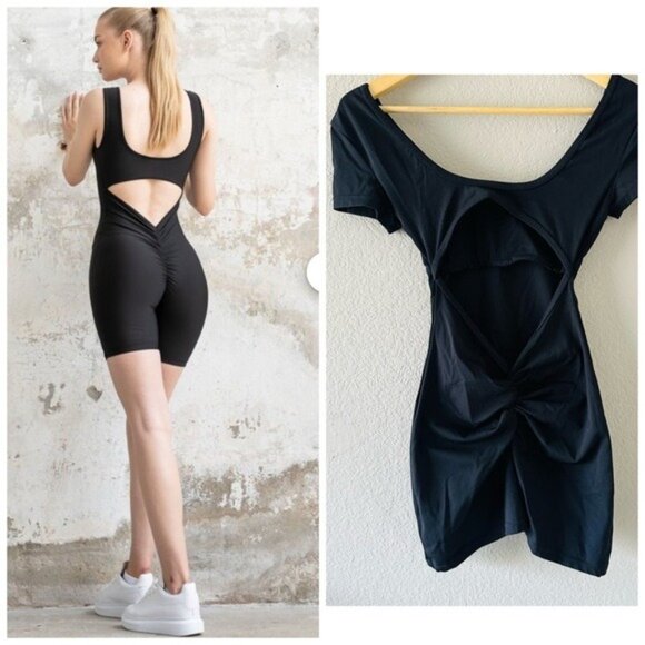 One-Piece Workout Jumpsuit S V Back Scrunch Yoga Romper Sleeveless - Picture 1 of 8
